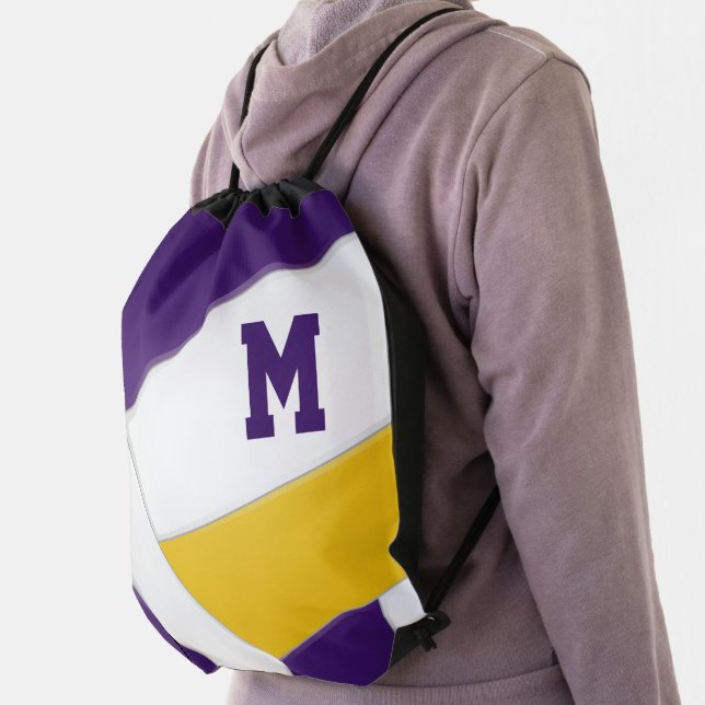 purple gold school spirit boys girls volleyball drawstring bag (Insitu)