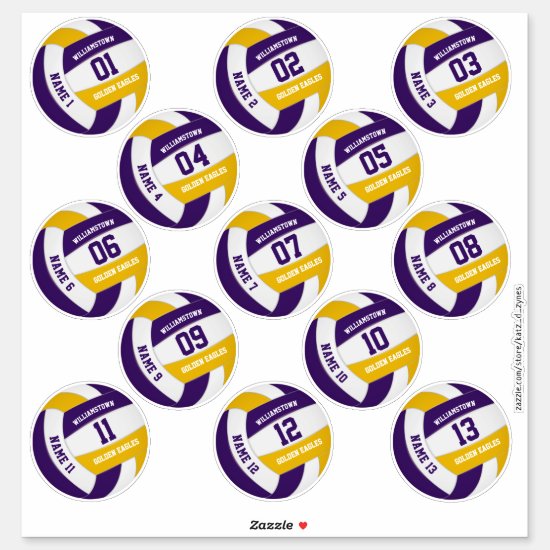 purple gold school colors set of 13 volleyball stickers
