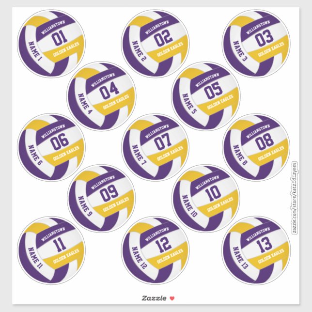 purple gold school spirit volleyball players names sticker (Sheet)