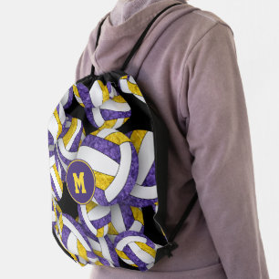purple gold school team colors girly volleyballs drawstring bag