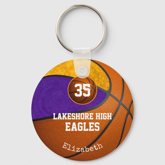 purple gold school team spirit girls' basketball keychain (Front)