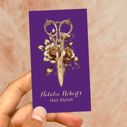 Customizable Purple Gold Scissor Flower Hair Stylist Salon SPA Business Card