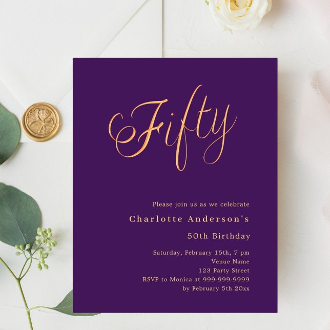 Purple gold script 50th birthday invitation (Creator Uploaded)