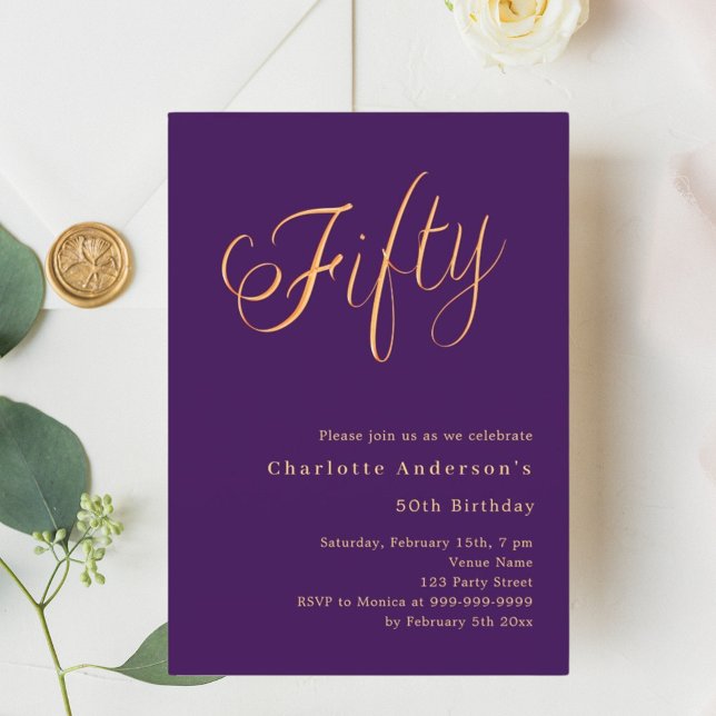 Purple gold script 50th birthday invitation (Creator Uploaded)