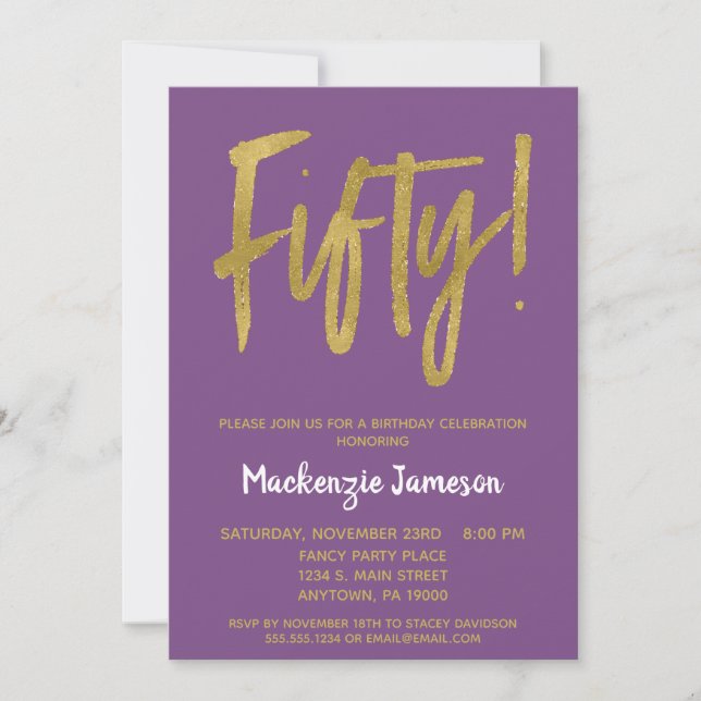 Purple Gold Script 50th Birthday Party Invitation (Front)