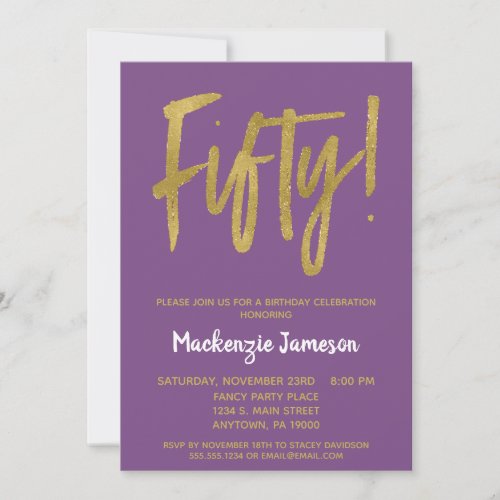 Purple Gold Script 50th Birthday Party Invitation