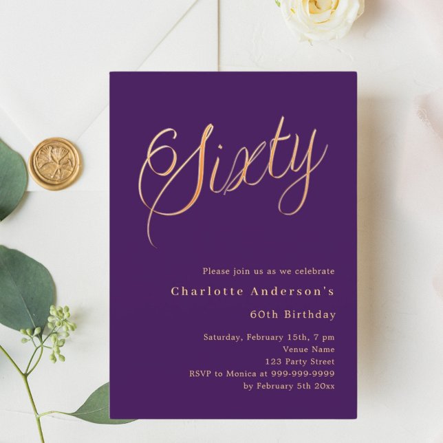 Purple gold script 60th birthday invitation (Creator Uploaded)