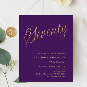 Purple gold script 70th birthday invitation