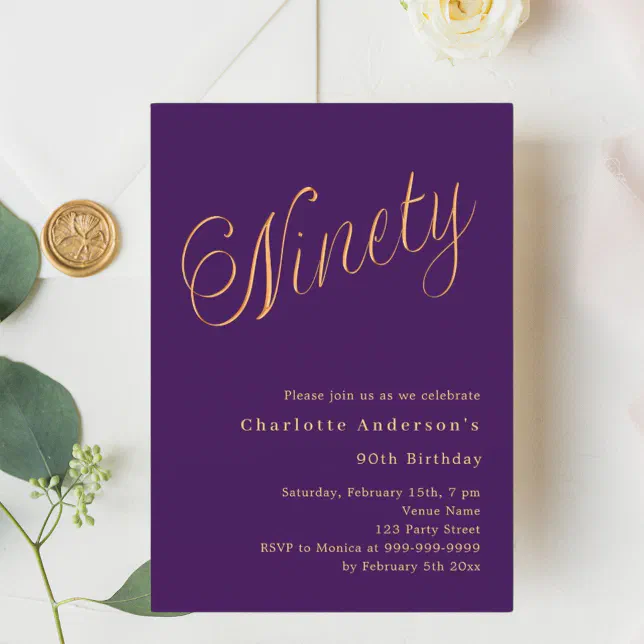 Purple gold script 90th birthday invitation | Zazzle