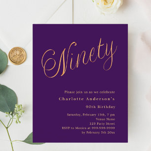 Purple gold script 90th birthday invitation