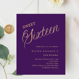 Purple gold script elegant Sweet 16 invitation