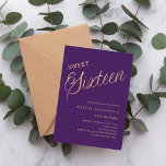 Purple gold script elegant Sweet 16 Invitation<br><div class="desc">A modern Sweet 16 invitation. A purple background and the word Sixteen written with large letters. Personalize and add a name and party details.</div>