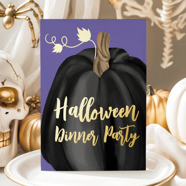 Purple Gold Script Pumpkin Halloween Dinner Party Foil Invitation (Purple Gold Script Pumpkin Halloween Dinner Party Foil Invitation)