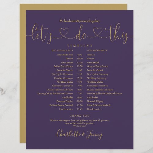 Purple Gold Script Wedding Schedule Timeline