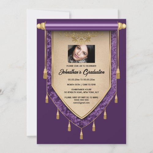 Purple gold scroll color photo womens graduation invitation