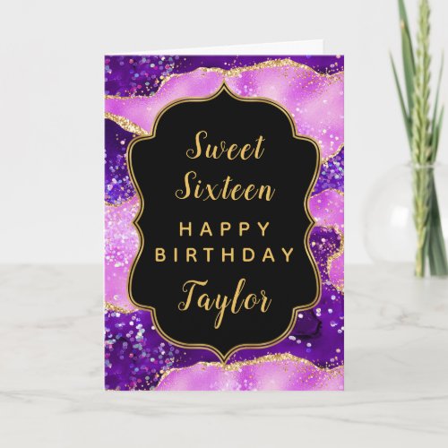 Purple Gold Sequins Agate Sweet 16 Happy Birthday Card