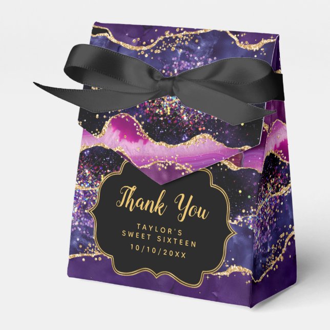 Purple Gold Sequins Agate Sweet Sixteen Thank You Favor Boxes (Front Side)
