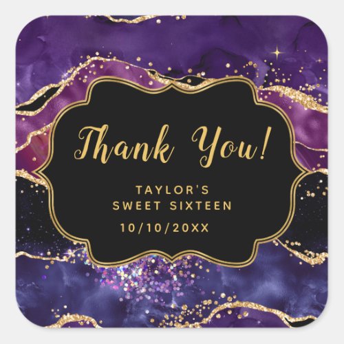 Purple Gold Sequins Agate Sweet Sixteen Thank You Square Sticker