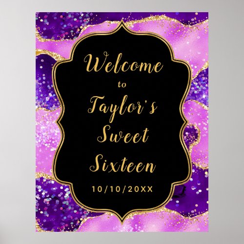 Purple Gold Sequins Agate Sweet Sixteen Welcome Poster