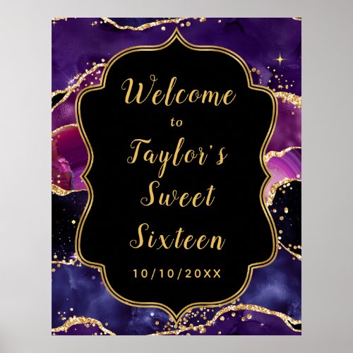 Purple Gold Sequins Agate Sweet Sixteen Welcome Poster