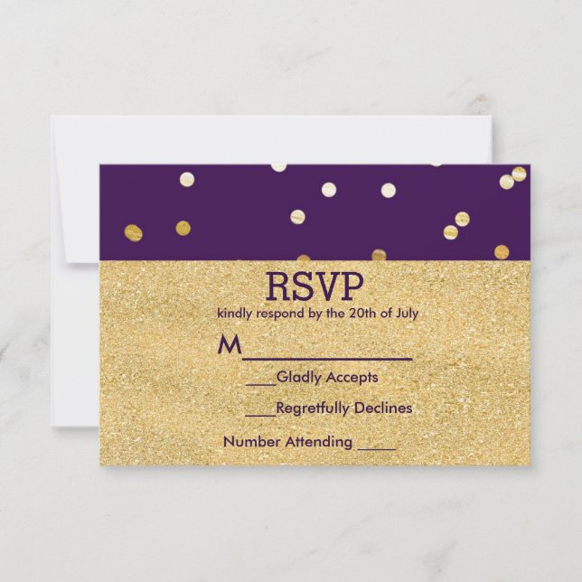 Purple & Gold Shiny Confetti Dots Chic Modern RSVP (Front)