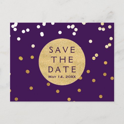 Purple  Gold Shiny Confetti Dots Save The Date Announcement Postcard