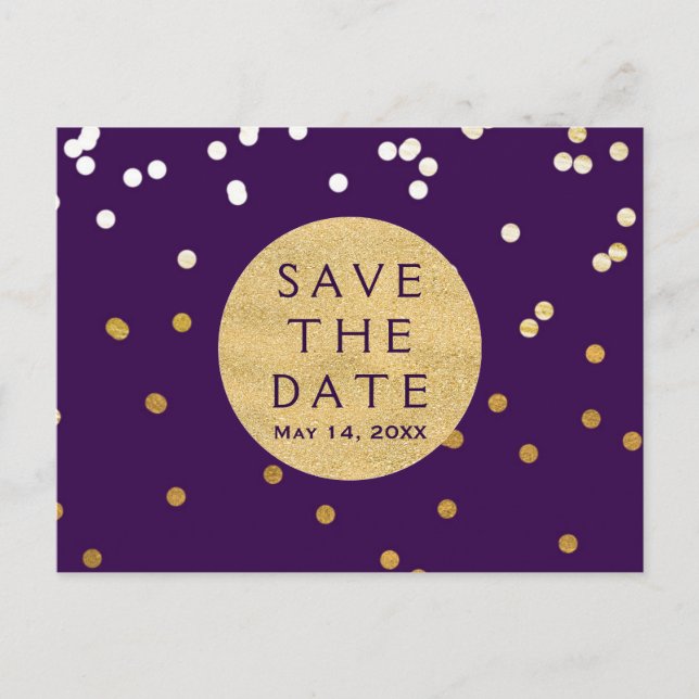 Purple & Gold Shiny Confetti Dots Save The Date Announcement Postcard (Front)