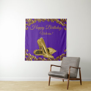 Purple Gold Shoe Birthday Party SQ Backdrop