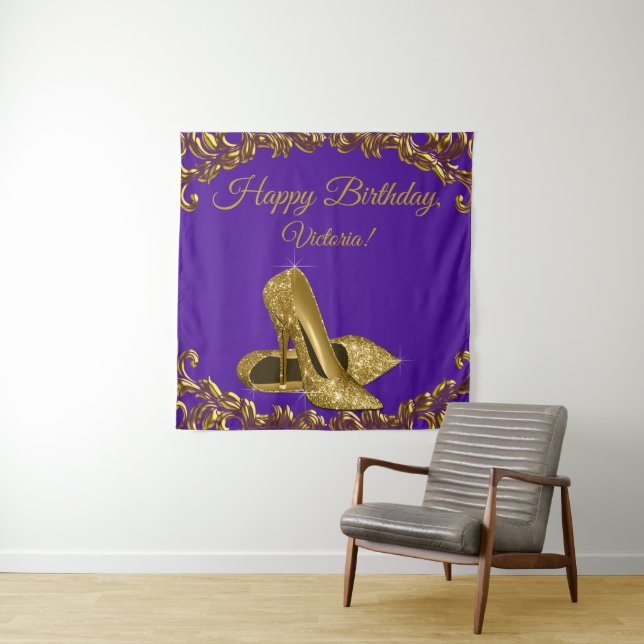 Purple Gold Shoe Birthday Party SQ Backdrop (In Situ)