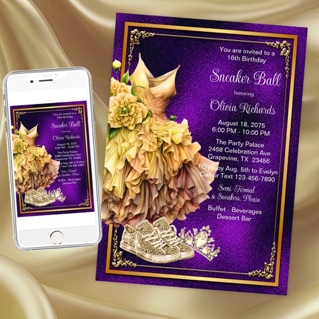Purple Gold Sneaker Ball  Invitation (Purple gold sneaker ball invitations. Instant download and printed invitations available.)