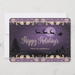 Purple Gold Snow Holly Reindeer Santa Holiday Card