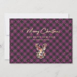 Purple Gold Snow Reindeer Buffalo Plaid Holiday Card
