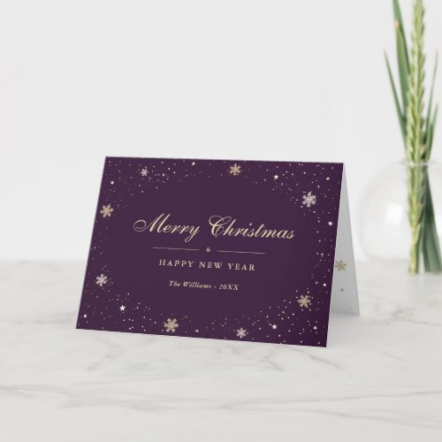 Purple Gold Snow Snowflakes Holiday Card