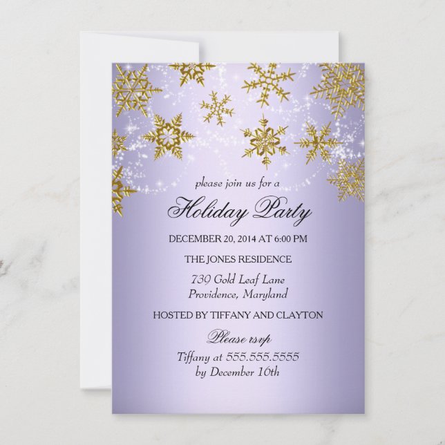Purple & Gold Snowflake Christmas Holiday Party Invitation (Front)