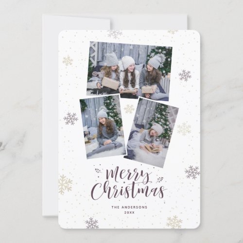 Purple Gold Snowflake Photo Merry Christmas Cards