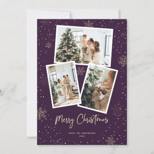 Purple Gold Snowflake Photo Merry Christmas Cards