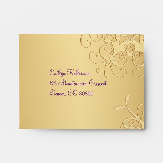 Purple, Gold Snowflakes Envelope for RSVP Card (Front)