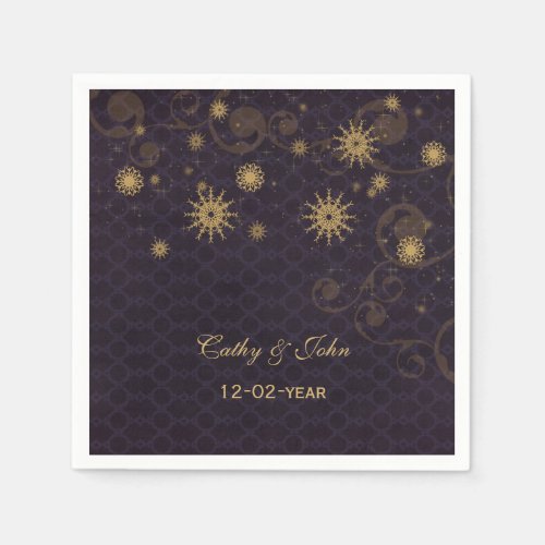 purple gold Snowflakes personalized wedding napkin