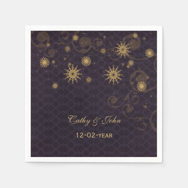 purple gold Snowflakes personalized wedding napkin (Front)