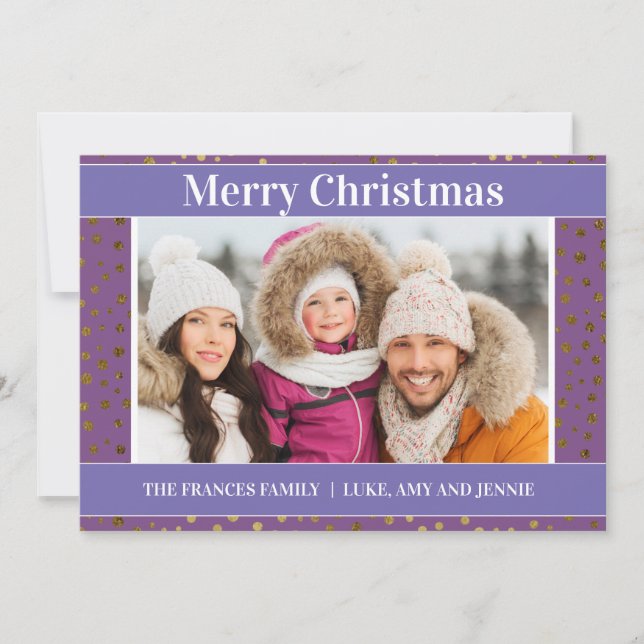 Purple Gold Snowflakes Photo Christmas Card (Front)