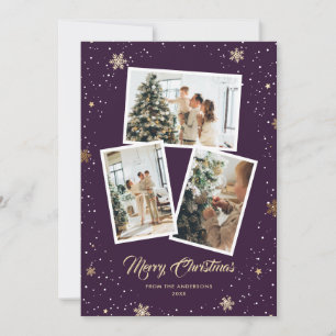 Purple Gold Snowflakes Photo Christmas Holiday Card