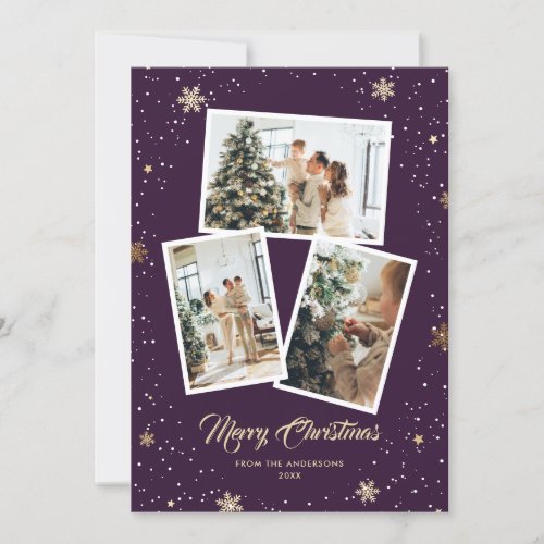 Purple Gold Snowflakes Photo Christmas Holiday Card