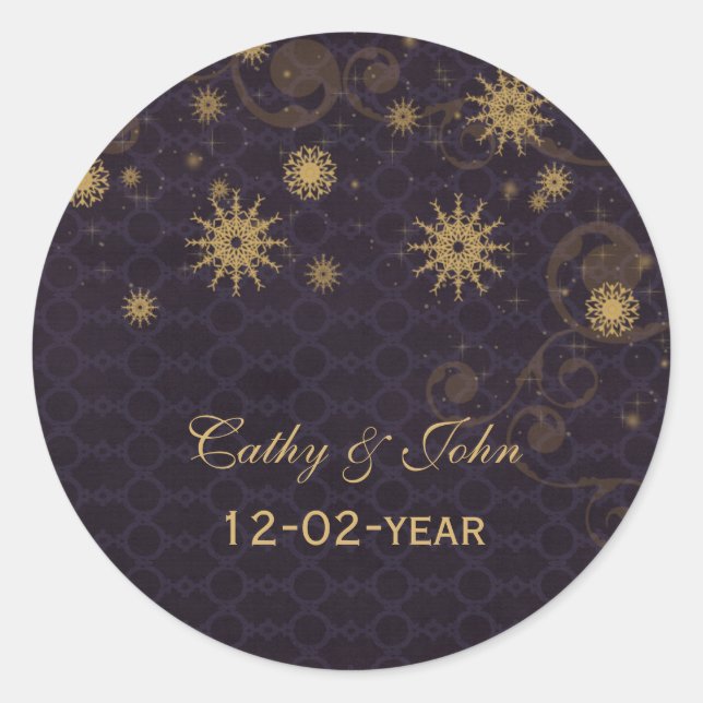 purple gold Snowflakes wedding favor stickers (Front)