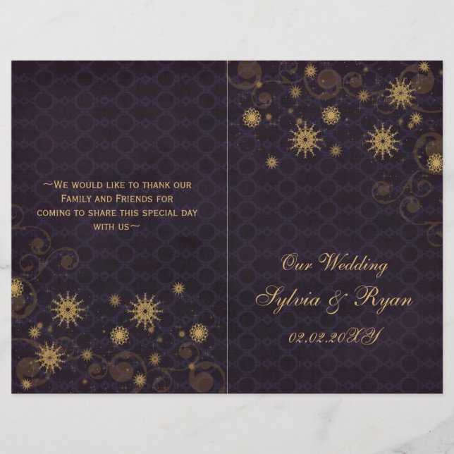 purple gold Snowflakes wedding programs folded (Front)