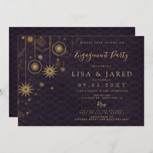 Purple Gold Snowflakes Winter Engagement Party   Invitation