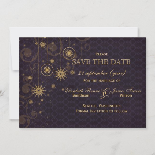 purple gold Snowflakes Winter  save the date (Front)