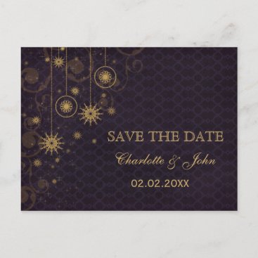 purple gold Snowflakes Winter save the Date Announcement Postcard