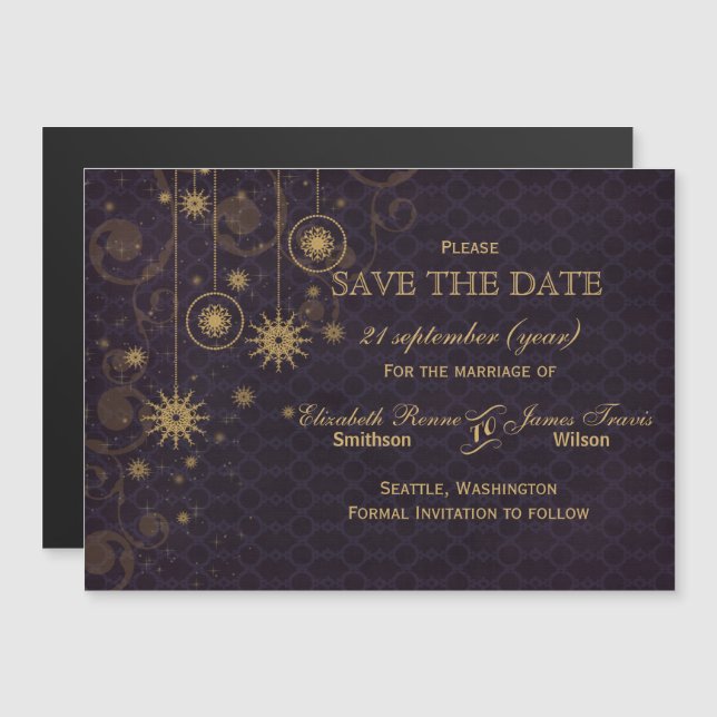 purple gold Snowflakes Winter save the date Magnetic Invitation (Front/Back)