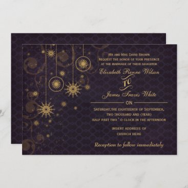 purple gold Snowflakes Winter wedding invitations
