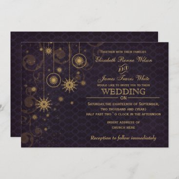 purple gold Snowflakes Winter wedding invitations